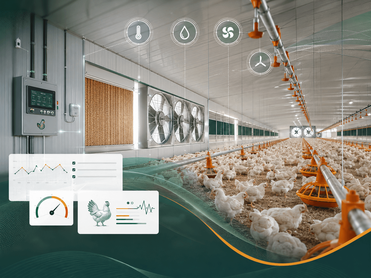 Inside a Kurela environmentally controlled poultry house — climate controller, evaporative cooling pad, tunnel fans and live IoT dashboards for temperature, humidity and airflow